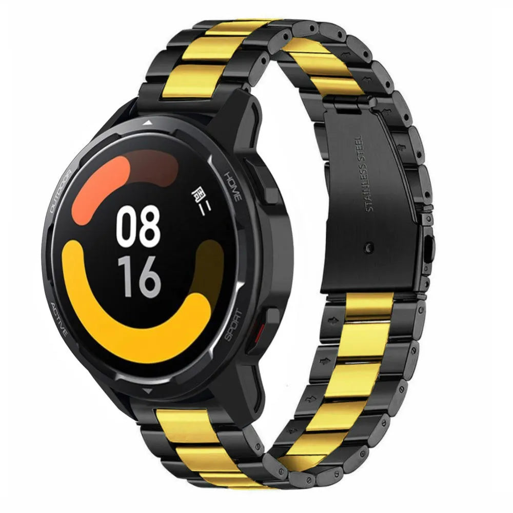Steel Strap, black/gold, on a watch, 3/4 front view