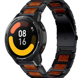 Wood Steel Strap, black, on a watch, 3/4 front view