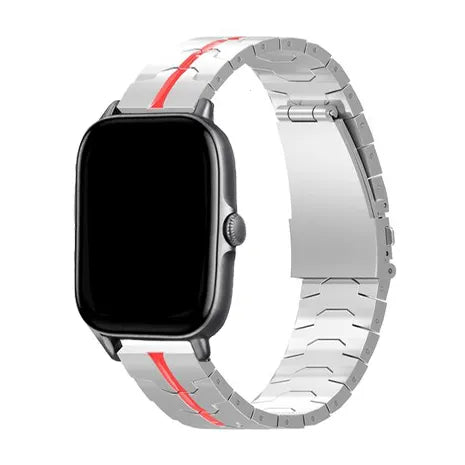 Steel Iron Strap, silver/red, on a watch, 3/4 front view