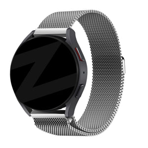 Milanese Loop Strap, silver, on a watch, 3/4 front view