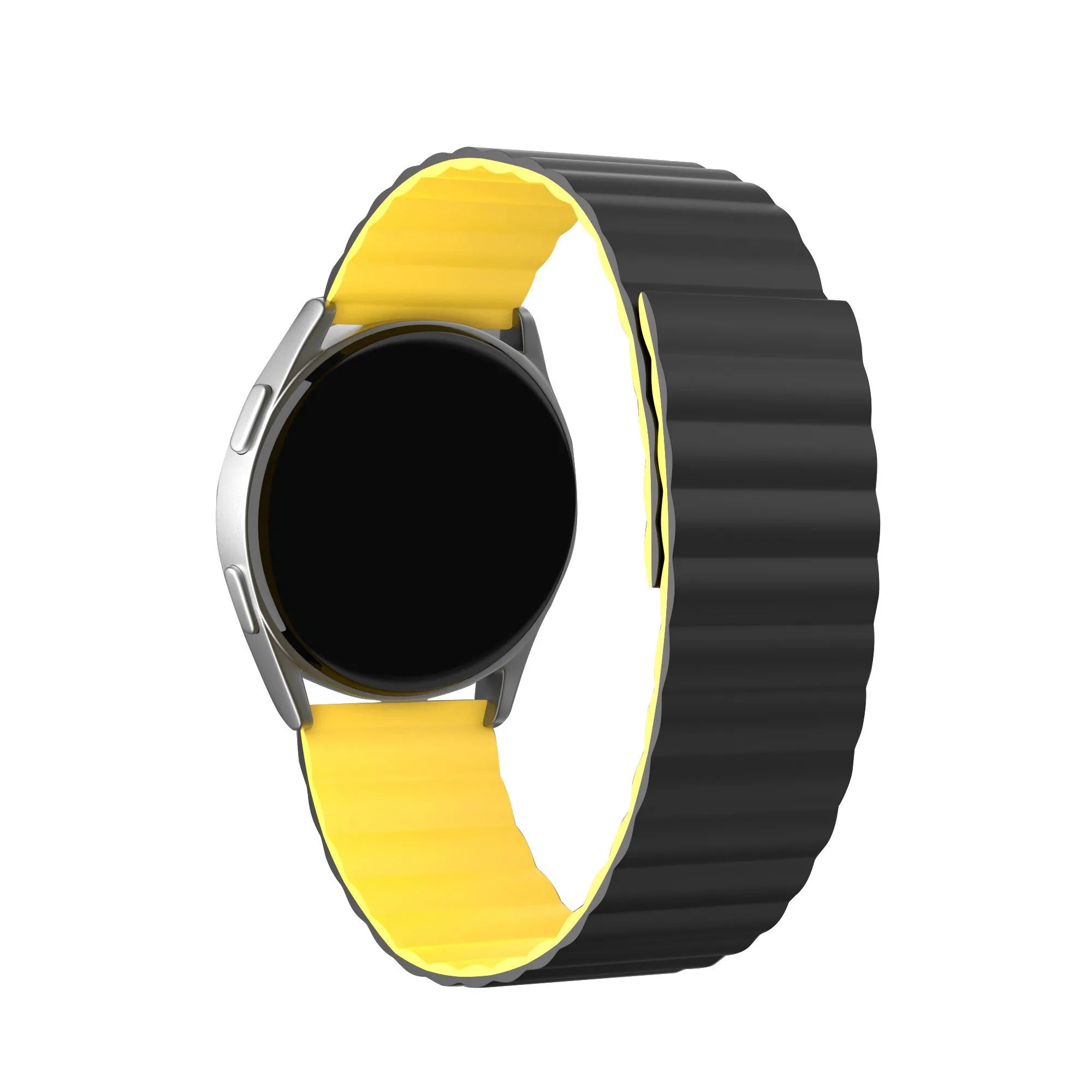 Magnetic Silicone Strap, black/yellow, on a watch, 3/4 front view