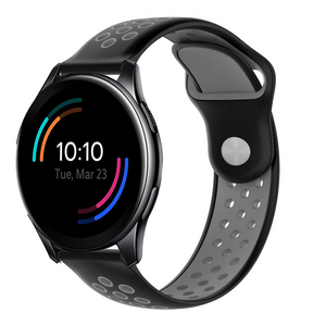 Silicone Sport Strap, black/grey, on a watch, 3/4 front view