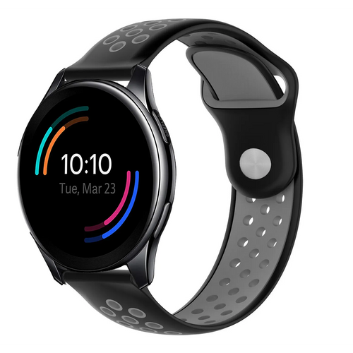 Silicone Sport Strap, black/grey, on a watch, 3/4 front view