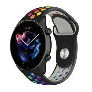 Silicone Sport Strap, black/colourful, on a watch, 3/4 front view