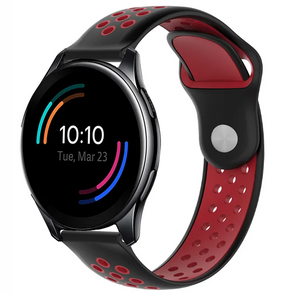 Silicone Sport Strap, black/red, on a watch, 3/4 front view