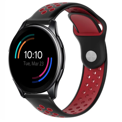 Silicone Sport Strap, black/red, on a watch, 3/4 front view