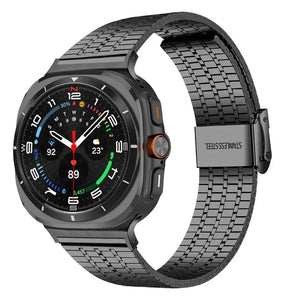 Stainless Steel Strap, black, on a watch, 3/4 front view