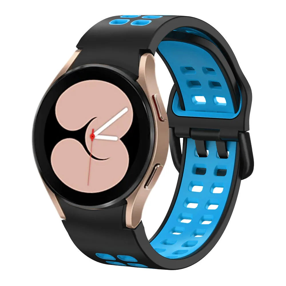 Silicone Squared Sport Strap, black/light blue, on a watch, 3/4 front view