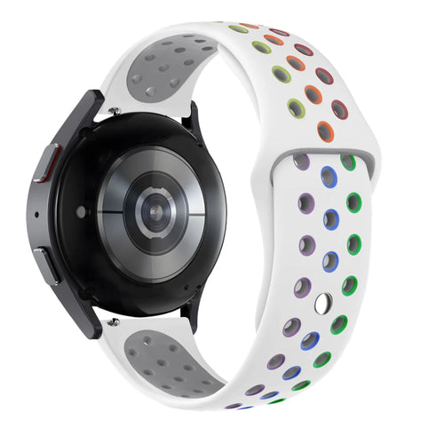 Silicone Sport Strap 'Deluxe', white/colourful, on a watch, 3/4 rear view
