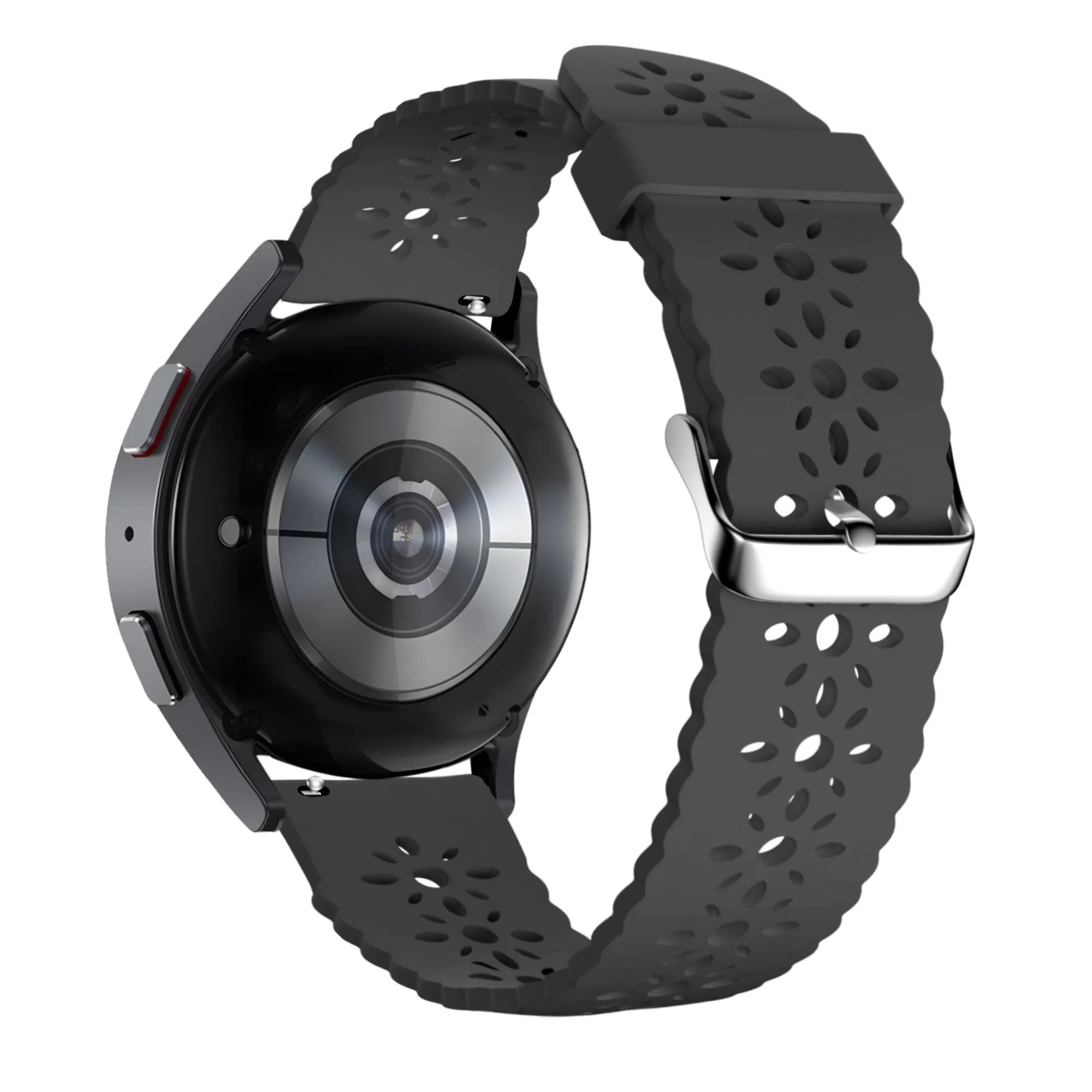 Patterned Silicone Strap, black, on a watch, 3/4 rear view