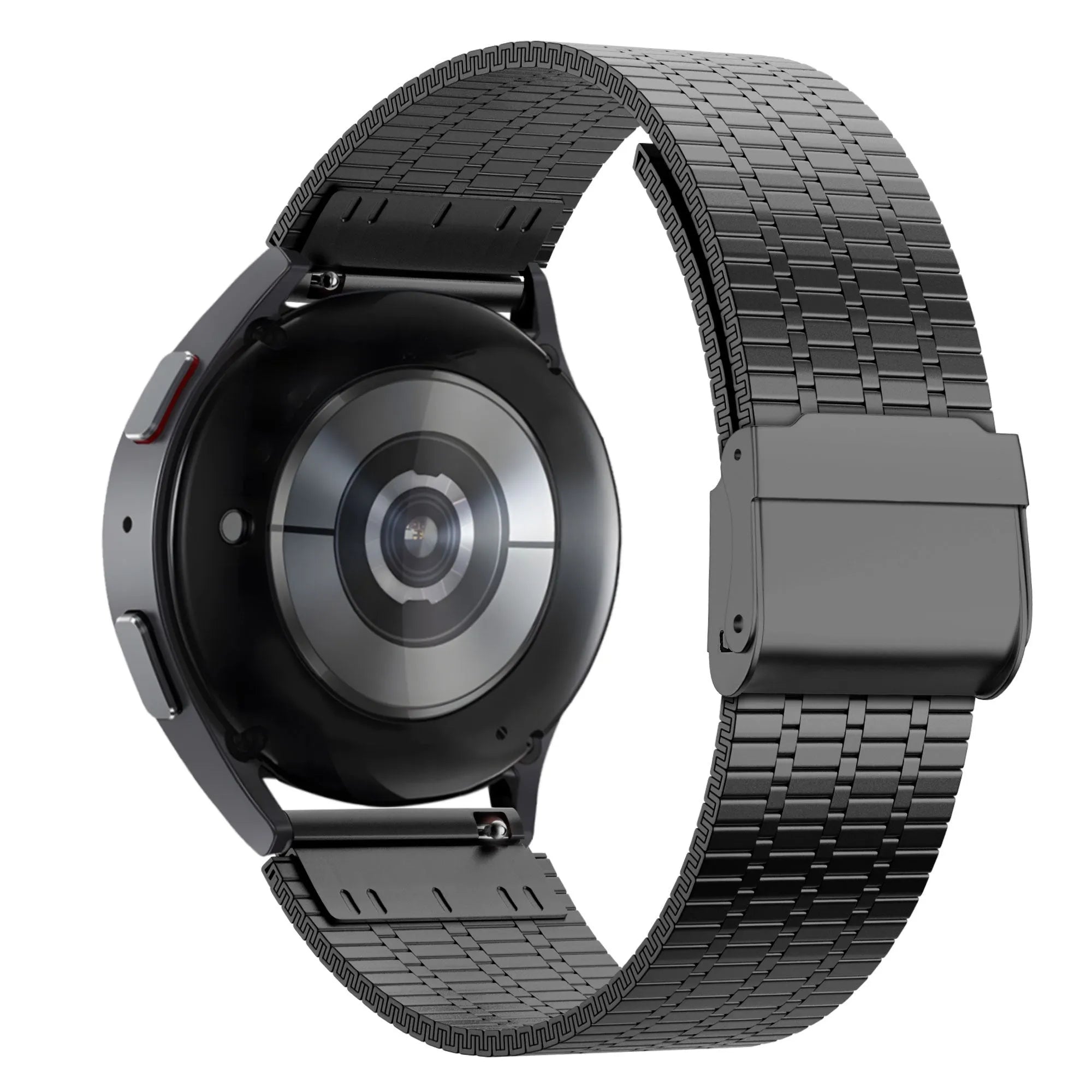 Adjustable Steel Strap, black, on a watch, 3/4 rear view