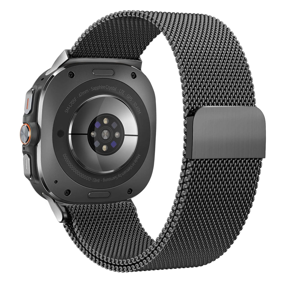 Milanese Loop Strap, black, on a watch, 3/4 rear view