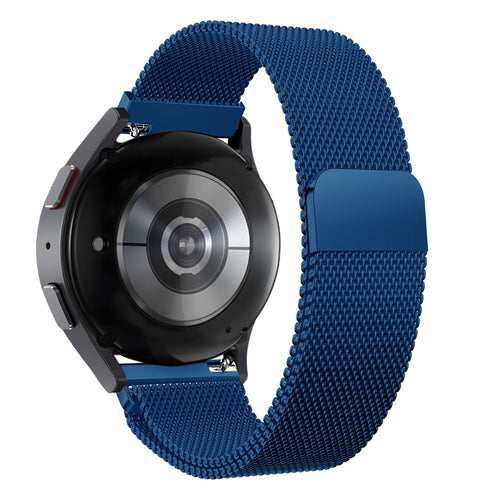 Milanese Loop Strap, blue, on a watch, 3/4 rear view