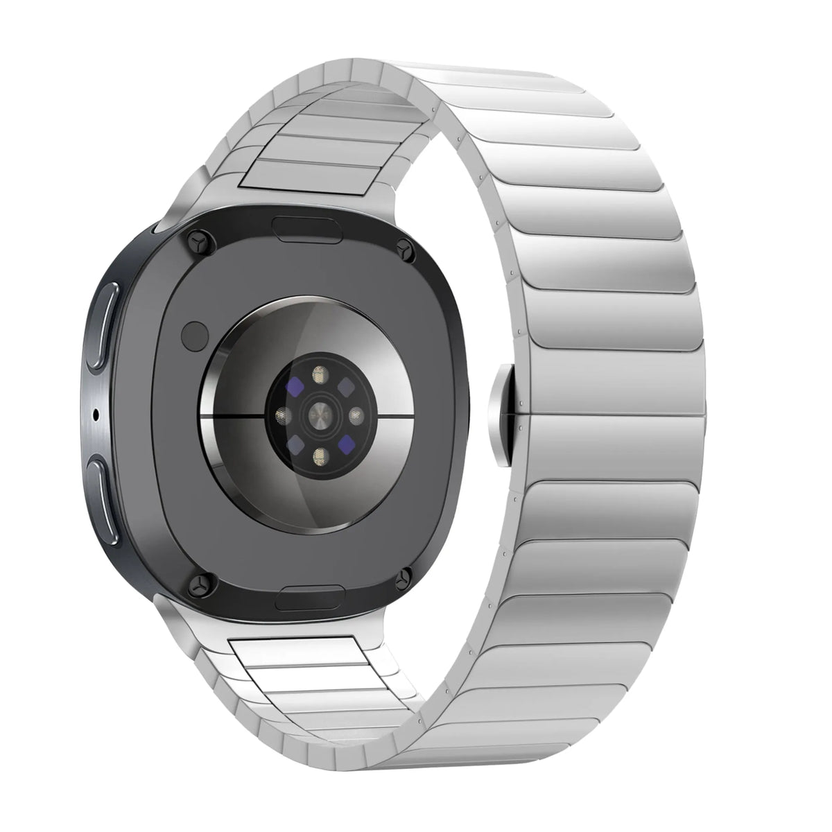 Steel Strap 'One Bead', silver, on a watch, 3/4 rear view