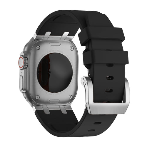 Silicone Strap 'Luxe Liquid', black with silver, on a watch, 3/4 rear view