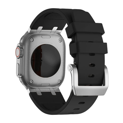 Silicone Strap 'Luxe Liquid', black with silver, on a watch, 3/4 rear view
