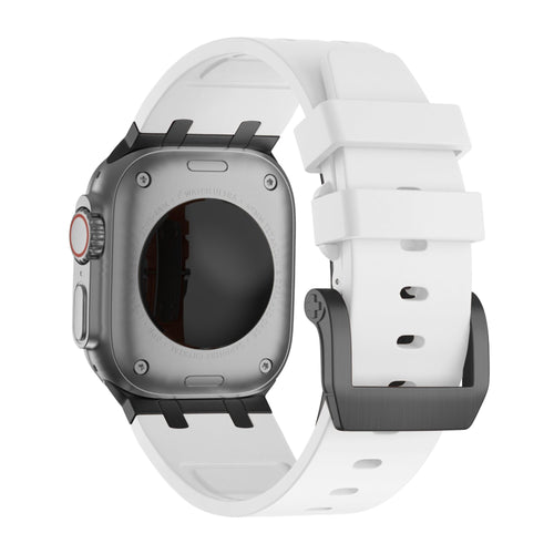 Silicone Strap 'Luxe Liquid', white/black, on a watch, 3/4 rear view