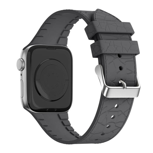 Silicone Strap Leather Pattern, dark grey, on a watch, 3/4 rear view