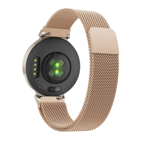 Milanese Loop Strap, rose gold, on a watch, 3/4 rear view