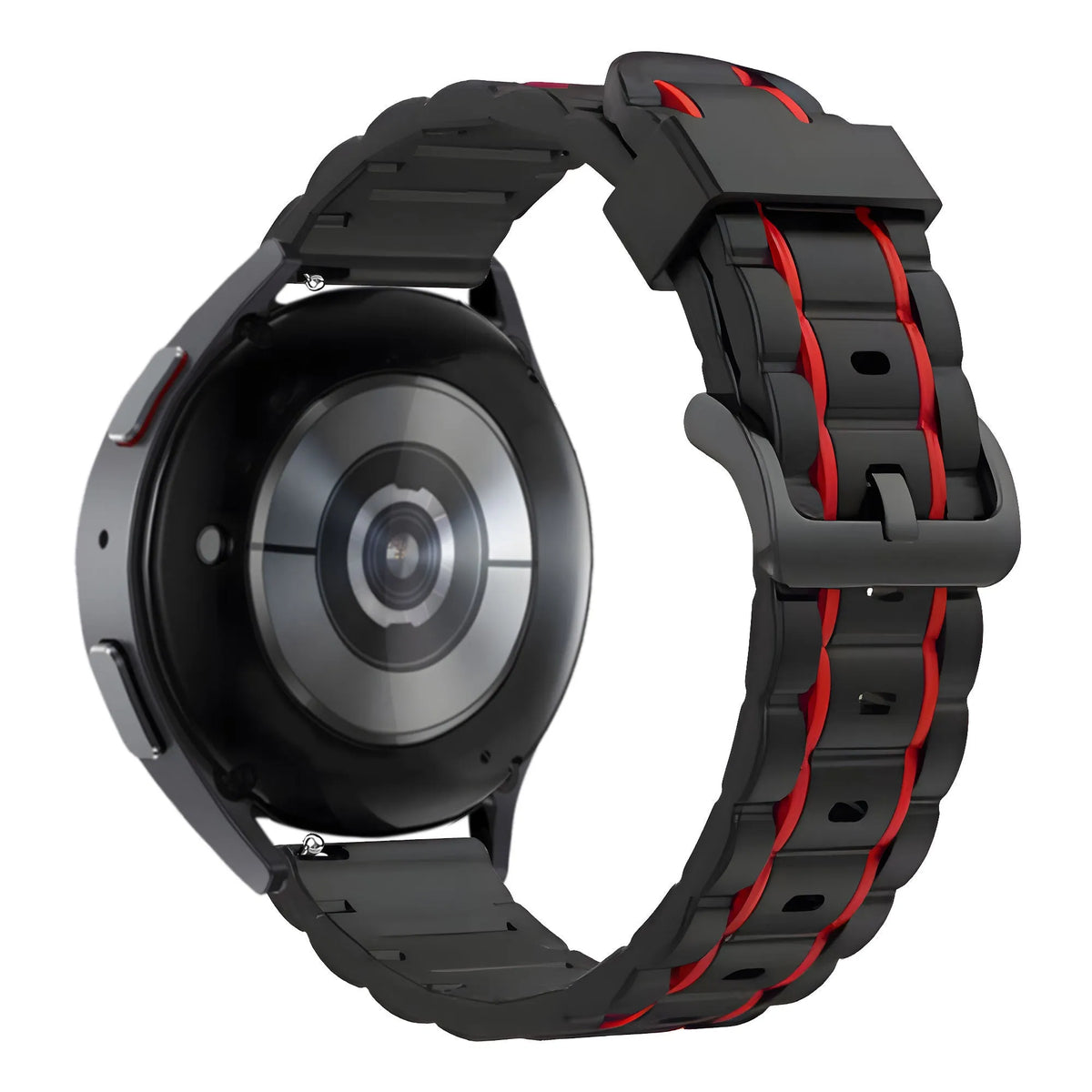 Silicone Sport Strap Striped, black/red, on a watch, 3/4 rear view