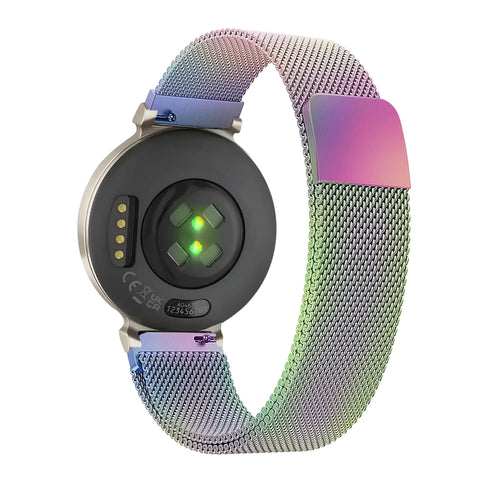 Milanese Loop Strap, rainbow, on a watch, 3/4 rear view