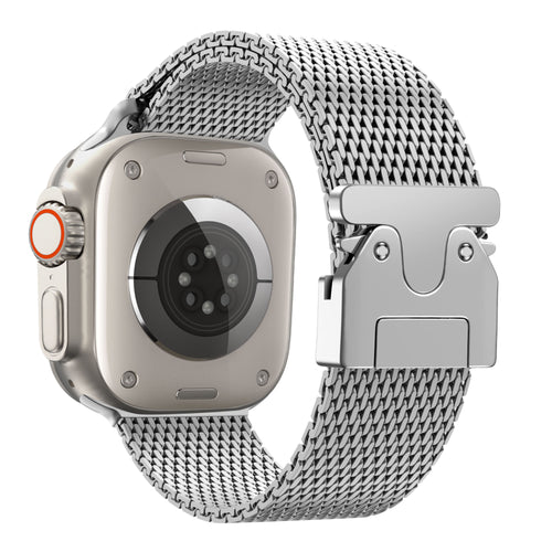 Milanese Loop Strap P-Buckle, silver, on a watch, 3/4 rear view