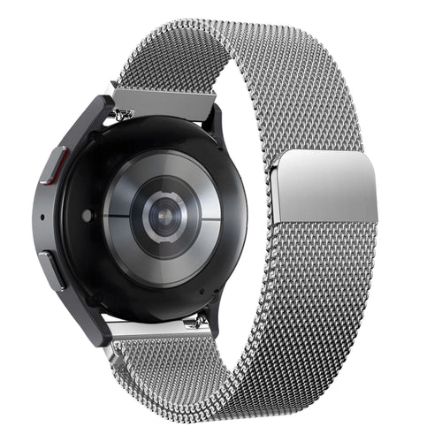 Milanese Loop Strap, silver, on a watch, 3/4 rear view