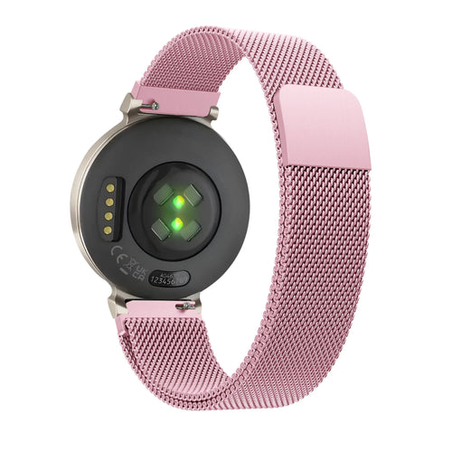 Milanese Loop Strap, pink, on a watch, 3/4 rear view