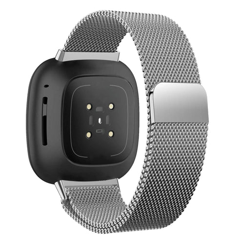 Milanese Loop Strap, silver, on a watch, 3/4 rear view
