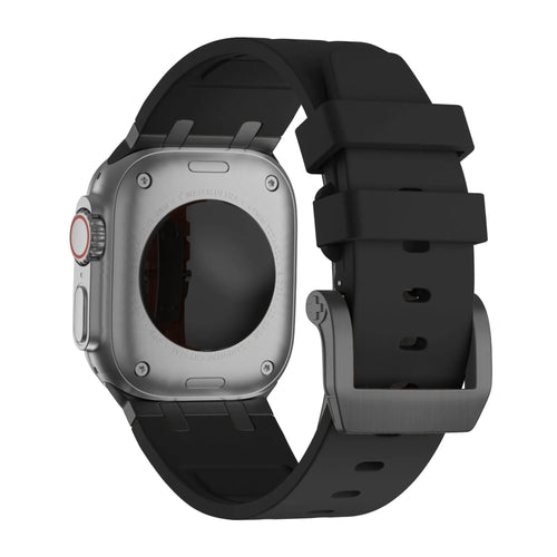 Silicone Strap 'Luxe Liquid', black with black, on a watch, 3/4 rear view