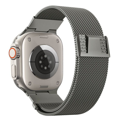 Milanese Strap 'Mecha', titanium grey, on a watch, 3/4 rear view
