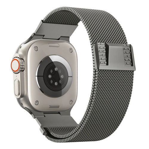 Milanese Strap 'Mecha', titanium grey, on a watch, 3/4 rear view