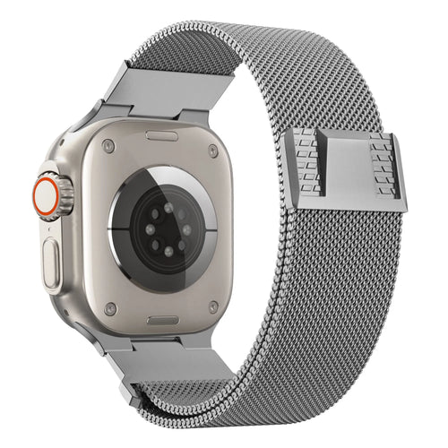 Milanese Strap 'Mecha', titanium silver, on a watch, 3/4 rear view