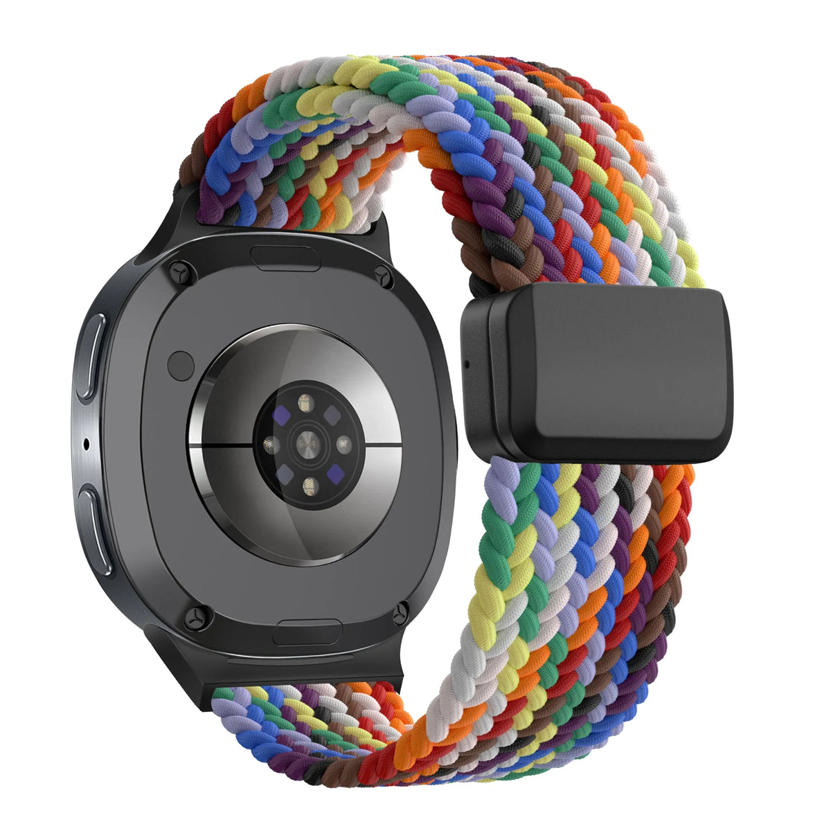 Nylon Braided Strap 'Easy Fit', colourful, on a watch, 3/4 rear view
