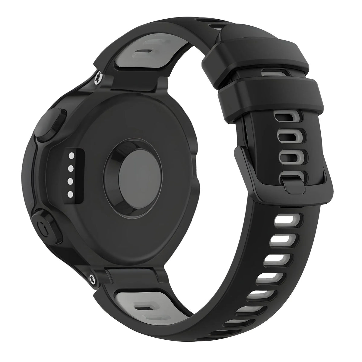 Silicone Buckled Sport Strap, black/grey, on a watch, 3/4 rear view