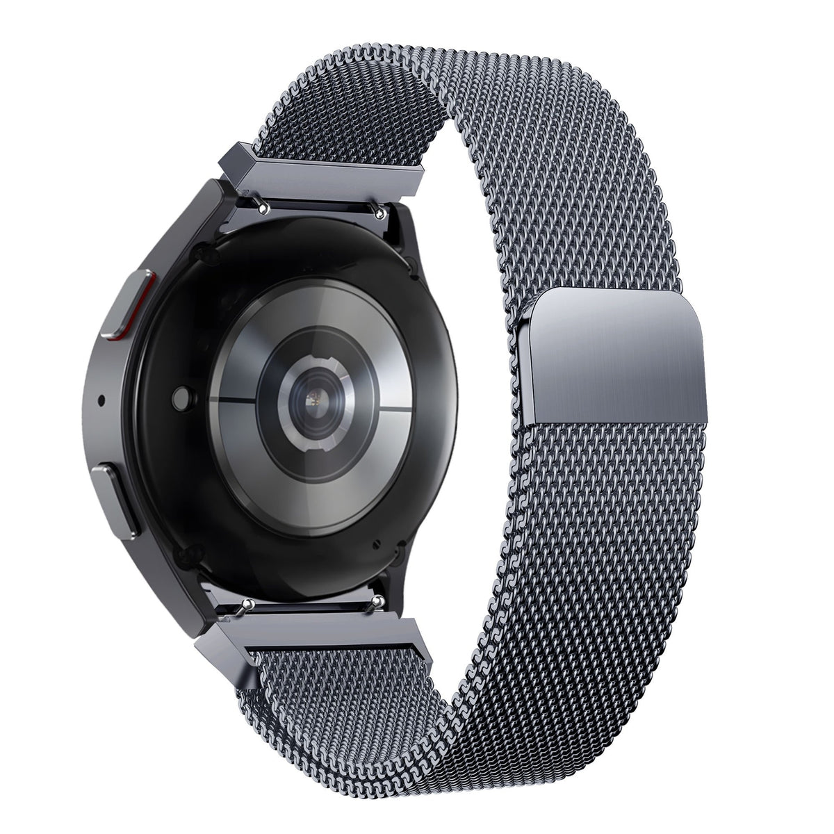 Milanese Loop Strap, grey, on a watch, 3/4 rear view