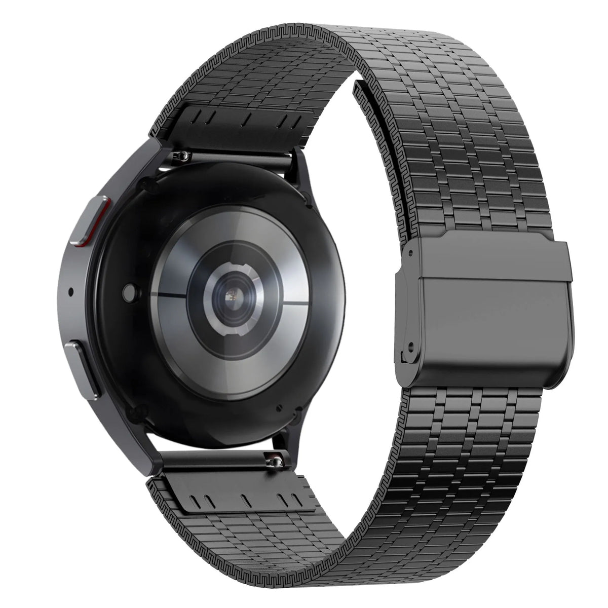 Adjustable Steel Strap, black, on a watch, 3/4 rear view