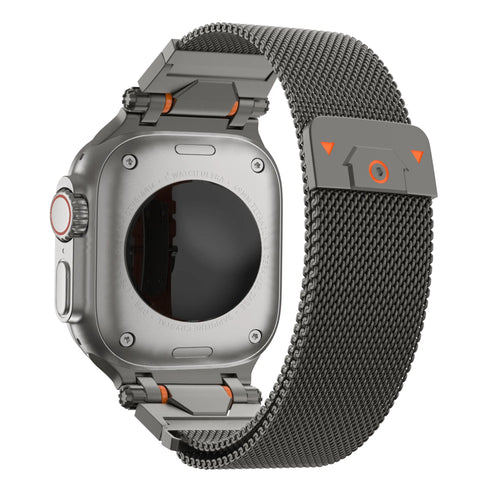 Rugged Milanese Strap, titanium grey, on a watch, 3/4 rear view
