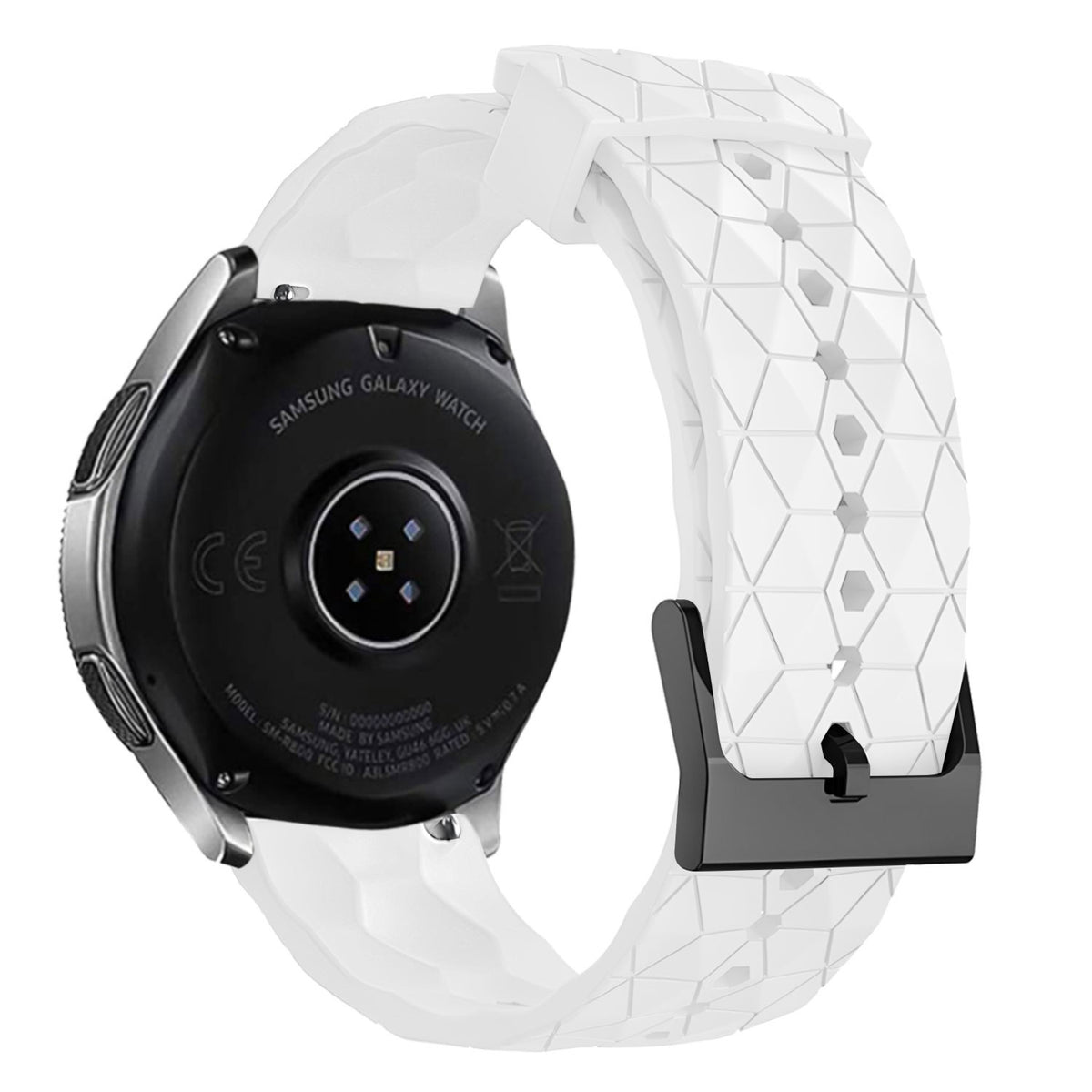 Silicone Strap Hexagons, white, on a watch, 3/4 rear view