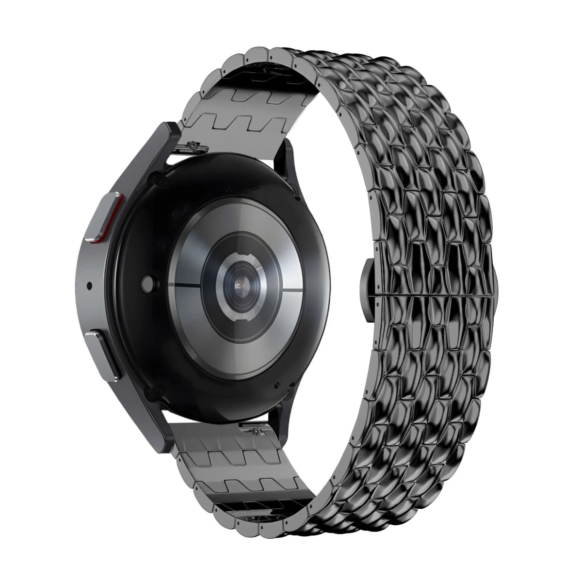 Steel Strap 'Dragon', black, on a watch, 3/4 rear view