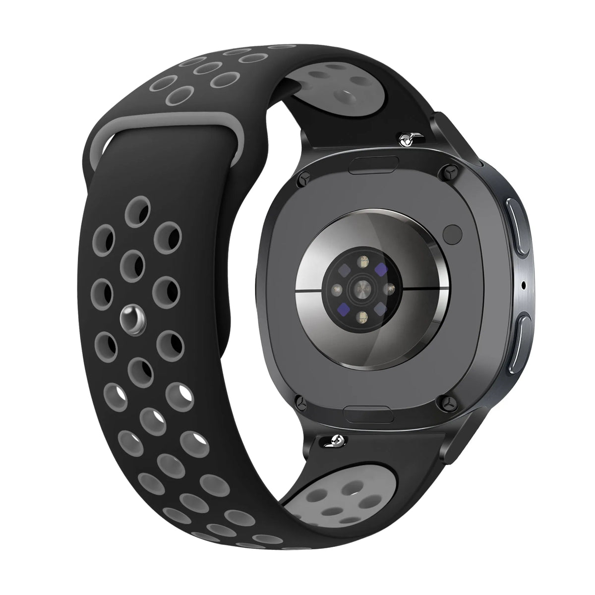 Silicone Sport Strap, black/grey, on a watch, 3/4 rear view