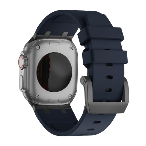 Silicone Strap 'Luxe Liquid', blue/black, on a watch, 3/4 rear view