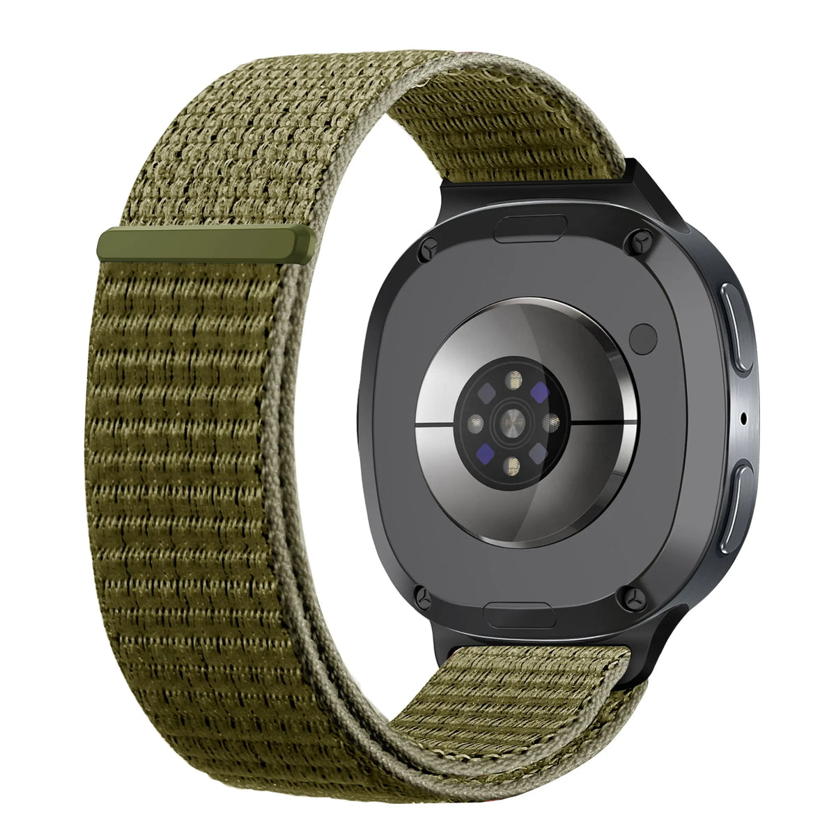 Nylon Strap, olive, on a watch, 3/4 rear view