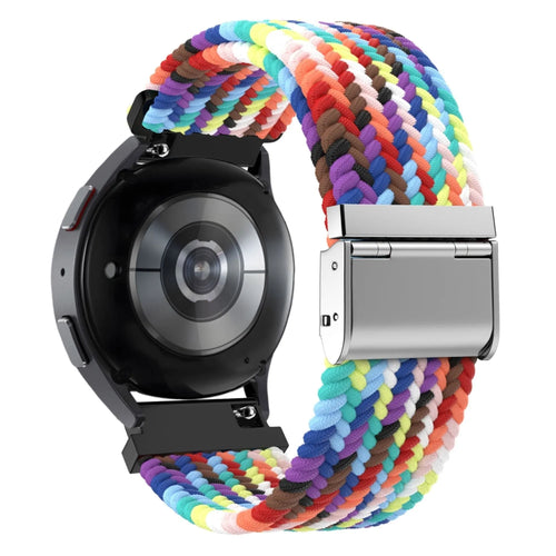 Woven Nylon Strap, rainbow, on a watch, 3/4 rear view
