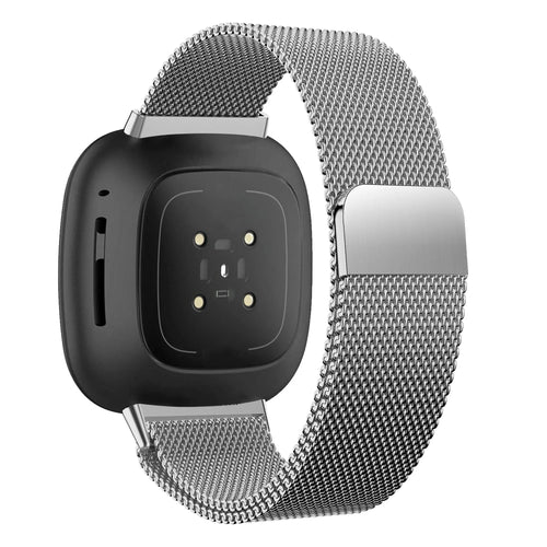 Milanese Loop Strap, silver, on a watch, 3/4 rear view