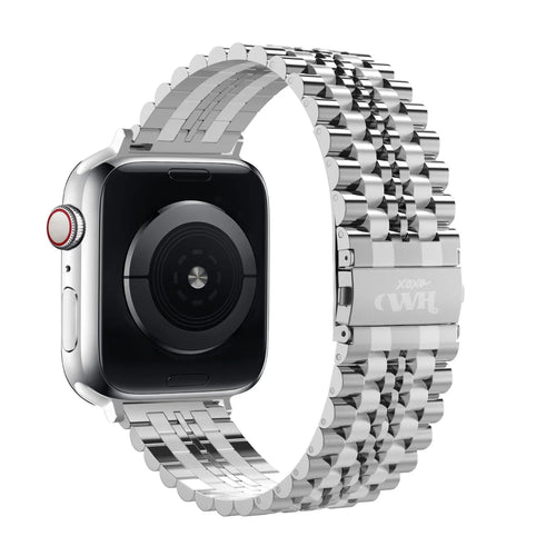 Steel Strap, silver, on a watch, 3/4 rear view