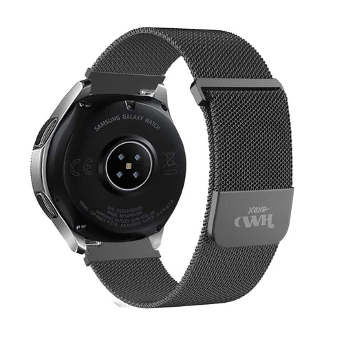 Milanese Strap, black, on a watch, 3/4 rear view