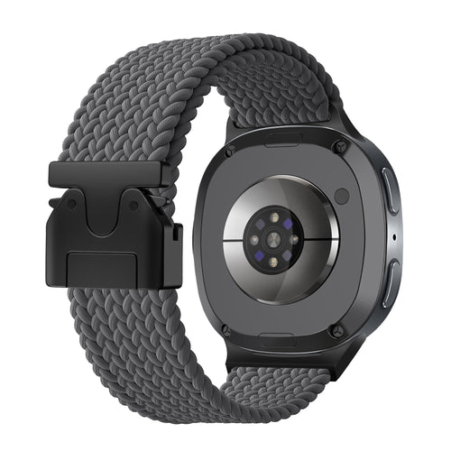 Nylon Braided Strap P-Buckle, dark grey, on a watch, 3/4 rear view