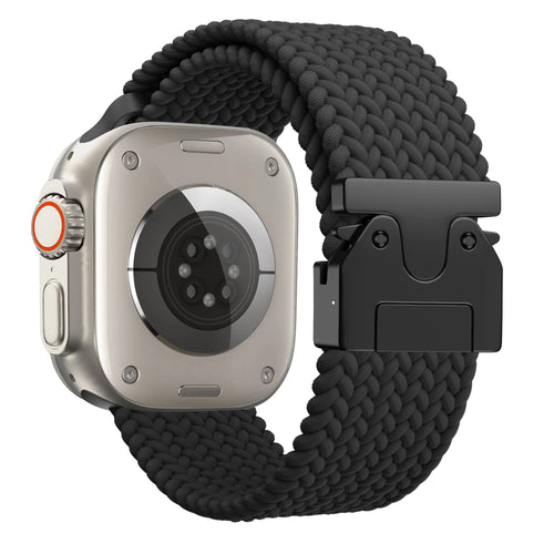 Nylon Braided Strap 'Parachute', black, on a watch, 3/4 rear view
