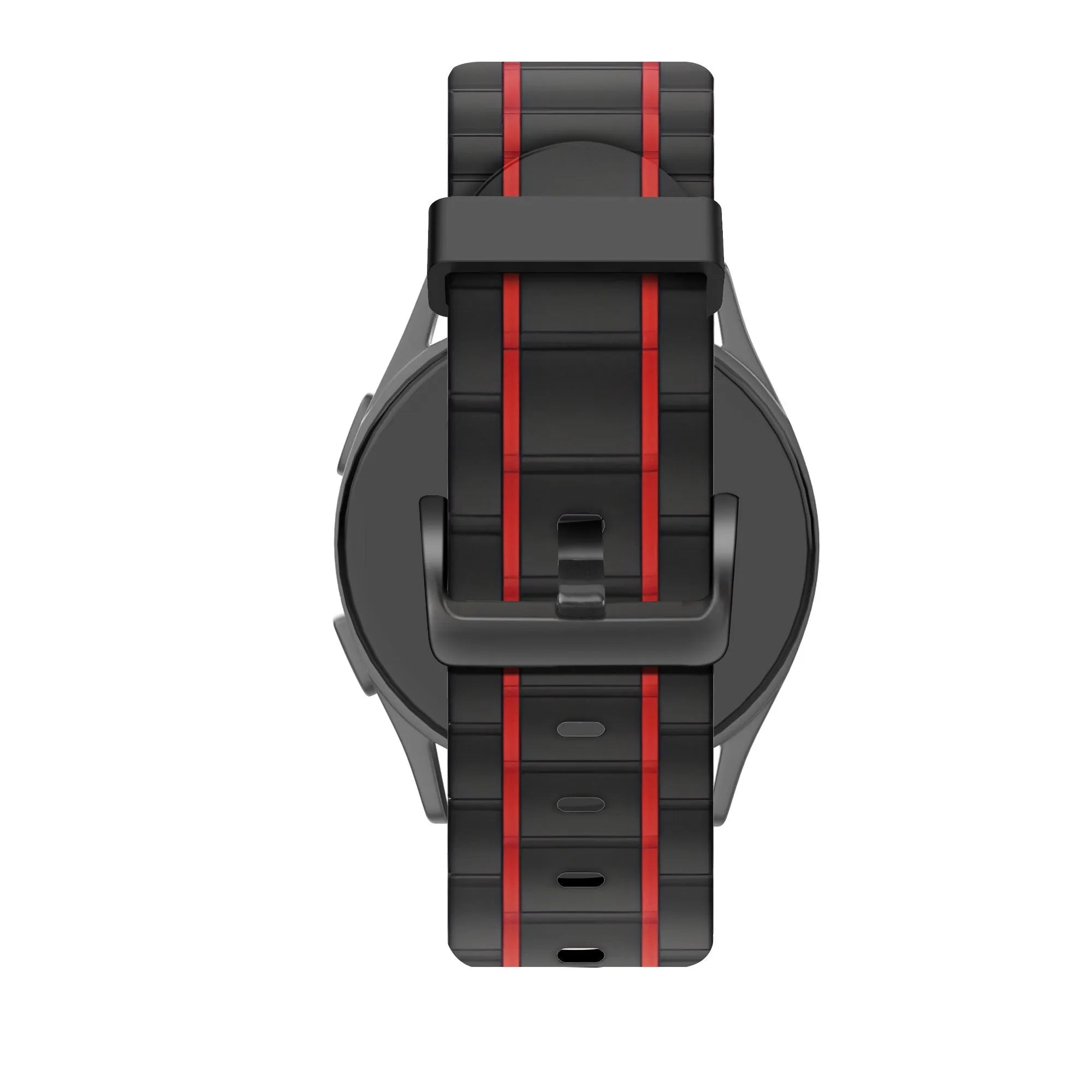 Silicone Sport Strap Striped, black/red, on a watch, 3/4 rear view